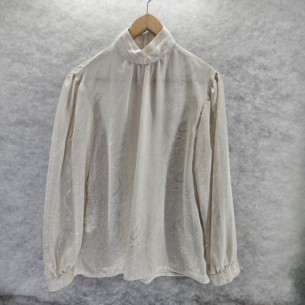 Alicia Vintage Ivory‎ Blouse High Neck Secretary Holiday Silky-feel Womens 12